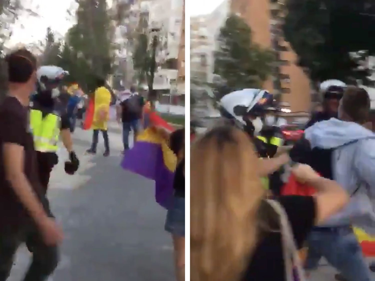 La policía golpea a un manifestante que portaba la bandera tricolor frente a la cacerolada en Murcia