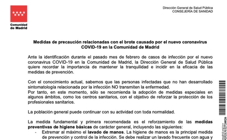 Parte de la circular remitida por la Comunida dde Madrid donde se pedía 