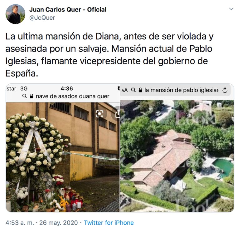 Mensaje de Juan Carlos Quer contra Pablo Iglesias comparando la muerte de su hija con el chalet de Galapagar