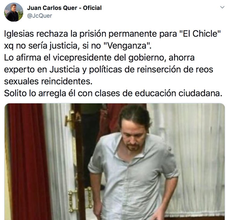 Juan Carlos Quer critica a Pablo Iglesias por oponerse a la prisión permanente revisable