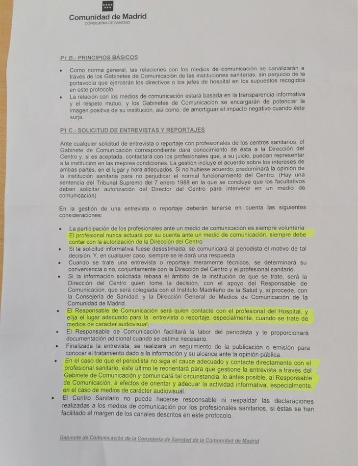 Circular emitida por la Comunidad de Madrid para silenciar las quejas de docentes y sanitarios