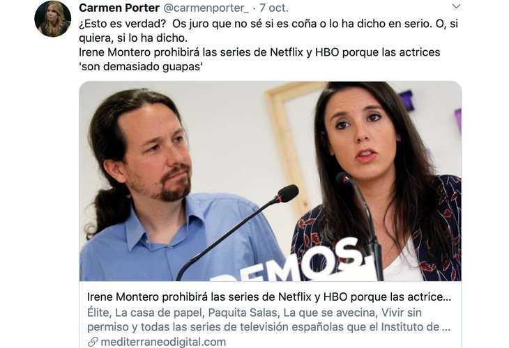 Tuit de Carmen Porter difundiendo un bulo sobre Irene Montero
