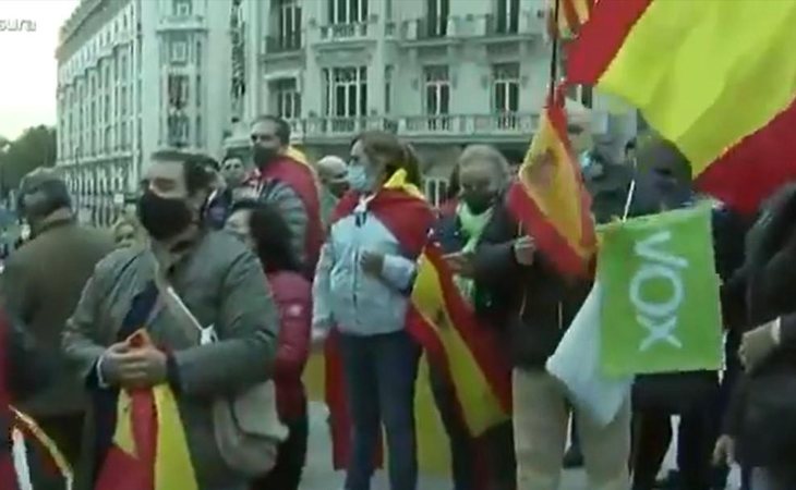 A las puertas del Congreso hay congregado un grupúsculo partidario de VOX al grito de 'Abascal presidente' y 'gobierno dimisión'