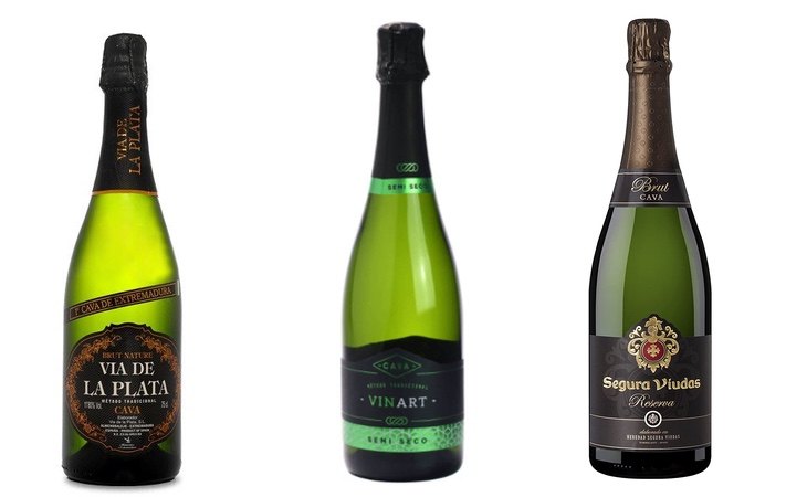 Via de la Plata Espumoso Brut (izquierda), Vinart (Aldi) Brut (centro), Segura Viudas Brut Reserva (derecha