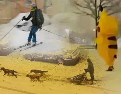 Las imágenes más insólitas de la nevada: esquiando en Gran Vía, trineos tirados por perros o un Pikachu desorientado