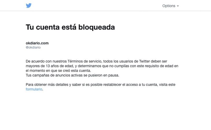 El mensaje que recibe la redacción de OKDiario al intentar acceder al perfil de Twiter | OKDiario