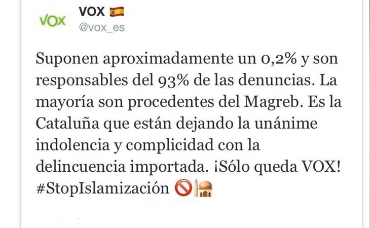 Mensaje de VOX en contra de los musulmanes por el que Twitter ha censurado la cuenta del partido