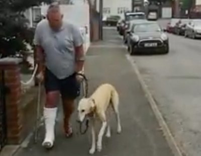 Se rompe una pierna y su perro finge una lesión para solidarizarse con él