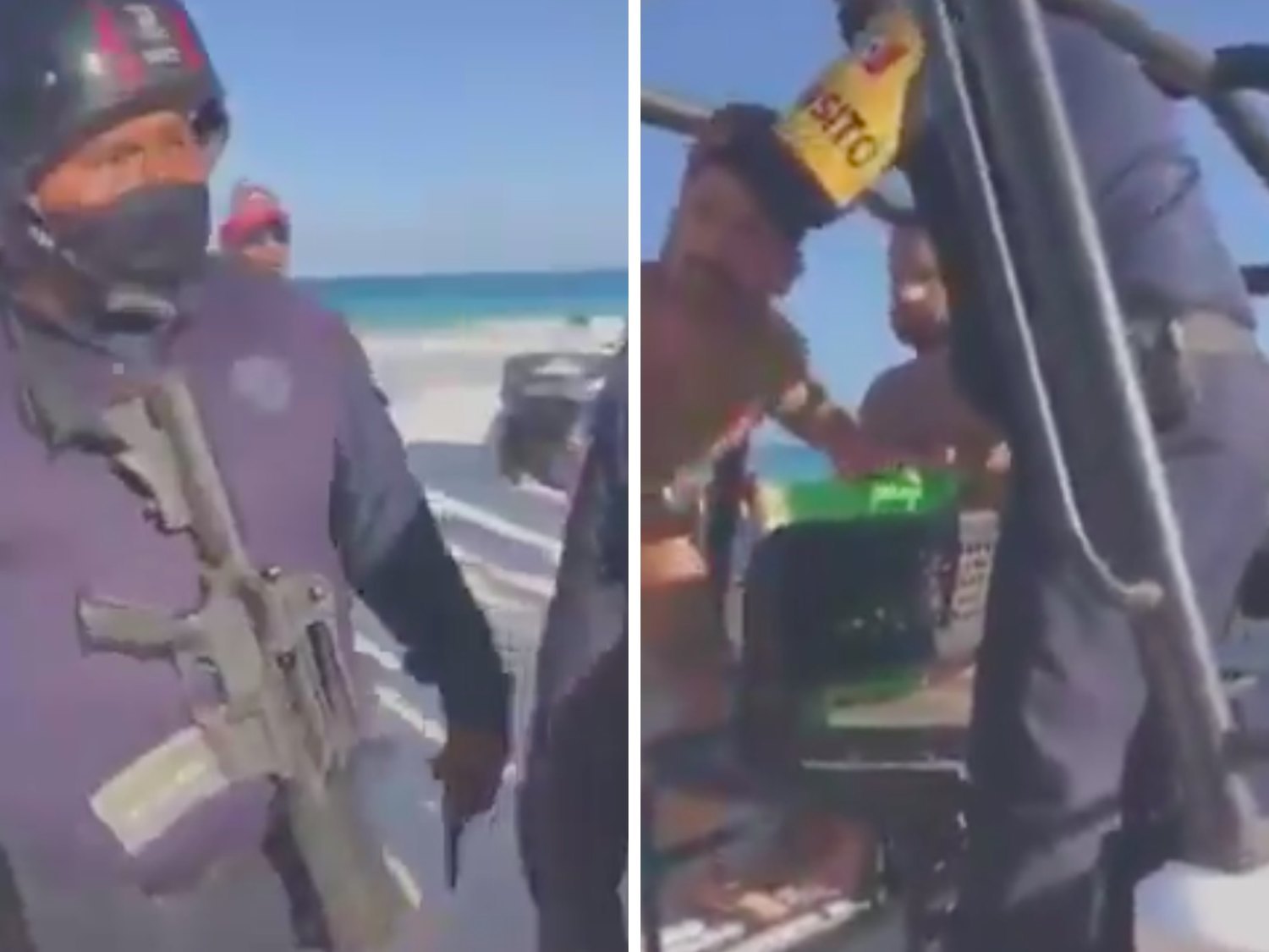 Dos policías con ametralladoras detienen a una pareja gay por besarse en una playa de México