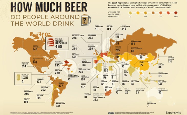 Uno de los mapas del estudio revela el consumo de cerveza de cada país