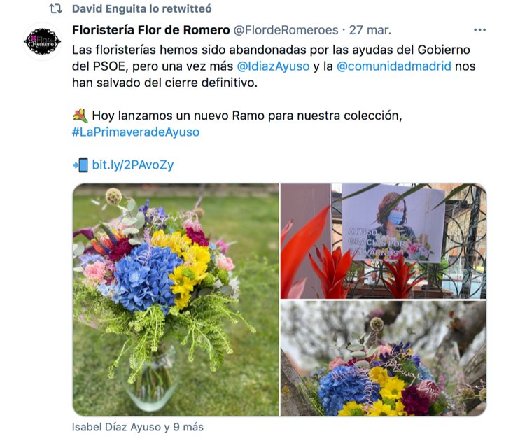 Ramo de flores dedicado a Isabel Díaz Ayuso