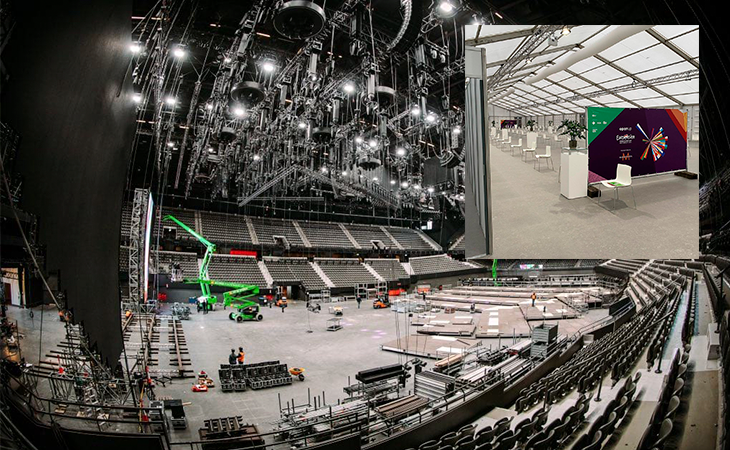 Continúa la construcción del escenario dentro del Ahoy de Róterdam (Países Bajos). Créditos: Nathan Reinds/NPO/NOS/AVROTROS