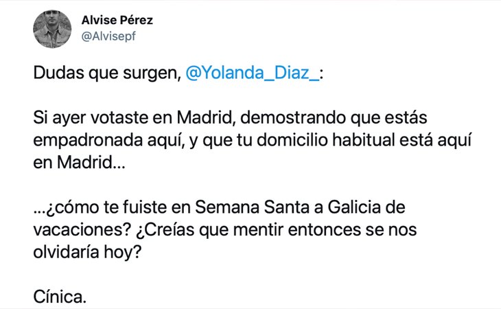 Bulo de Alvise Pérez sobre Yolanda Díaz
