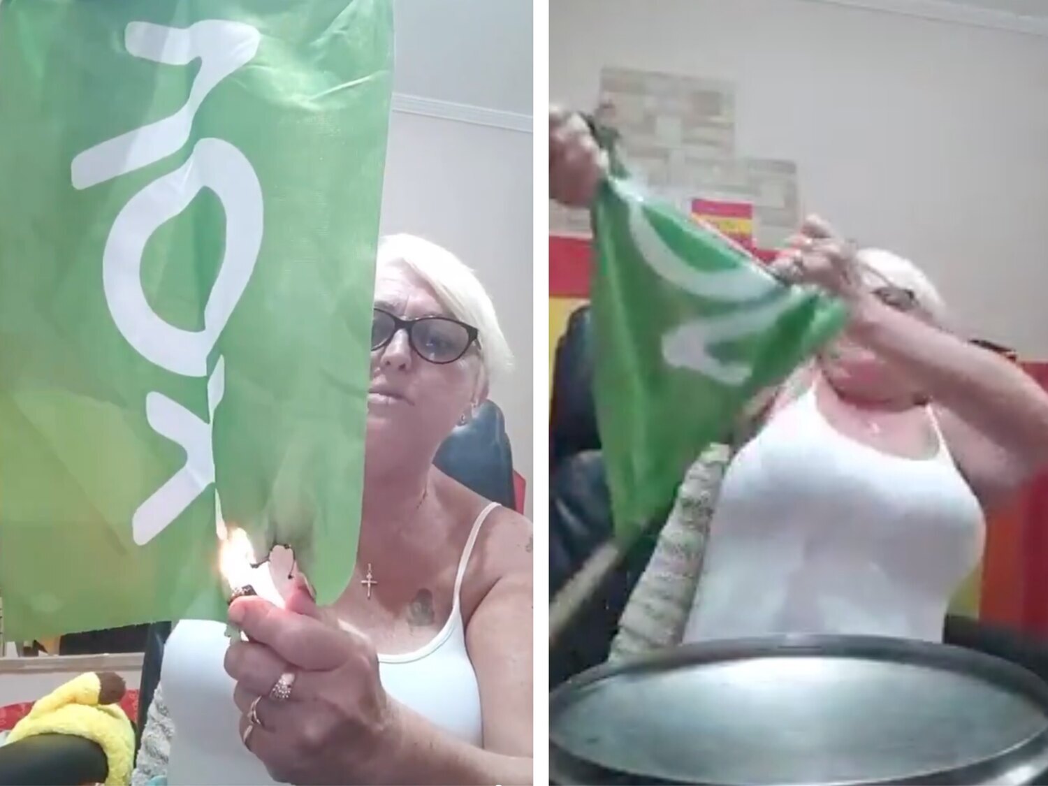 La 'youtuber' franquista Luisa Garrido quema una bandera de VOX tras enfrentarse a una diputada que le señaló por un bulo