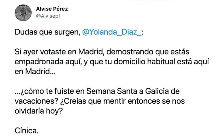 Bulo de Alvise Pérez acusando de Yolanda Díaz de haberse saltado las restricciones del coronavirus