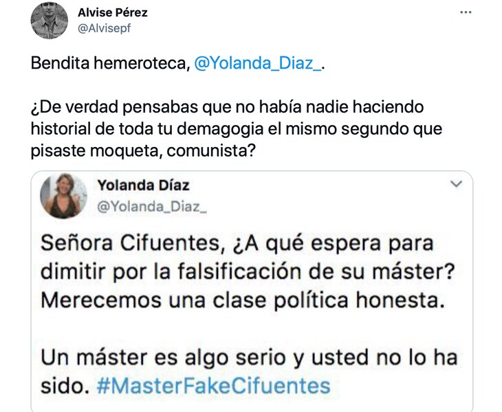 Alvise Pérez difunde un bulo en contra de Yolanda Díaz usando un burdo montaje