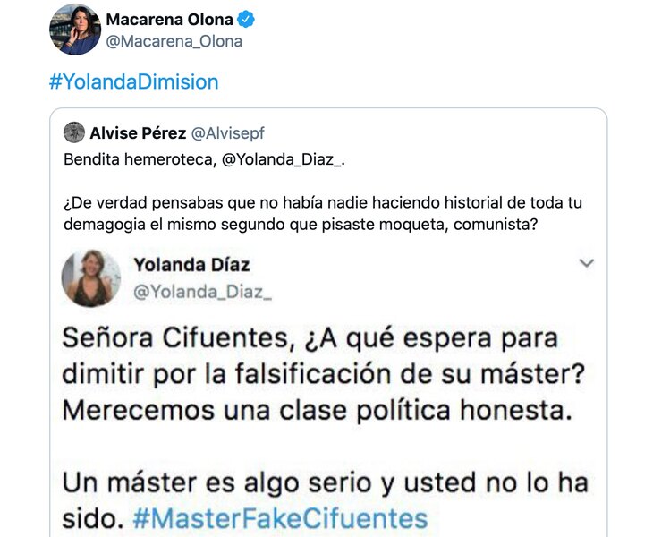 Macarena Olona (VOX) también difunde el bulo de Alvise Pérez en contra de Yolanda Díaz