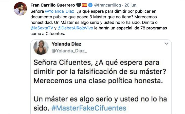 Fran Carrillo, diputado por Córdoba de Ciudadanos, comparte el bulo contra Yolanda Díaz difundido por Alvise Pérez