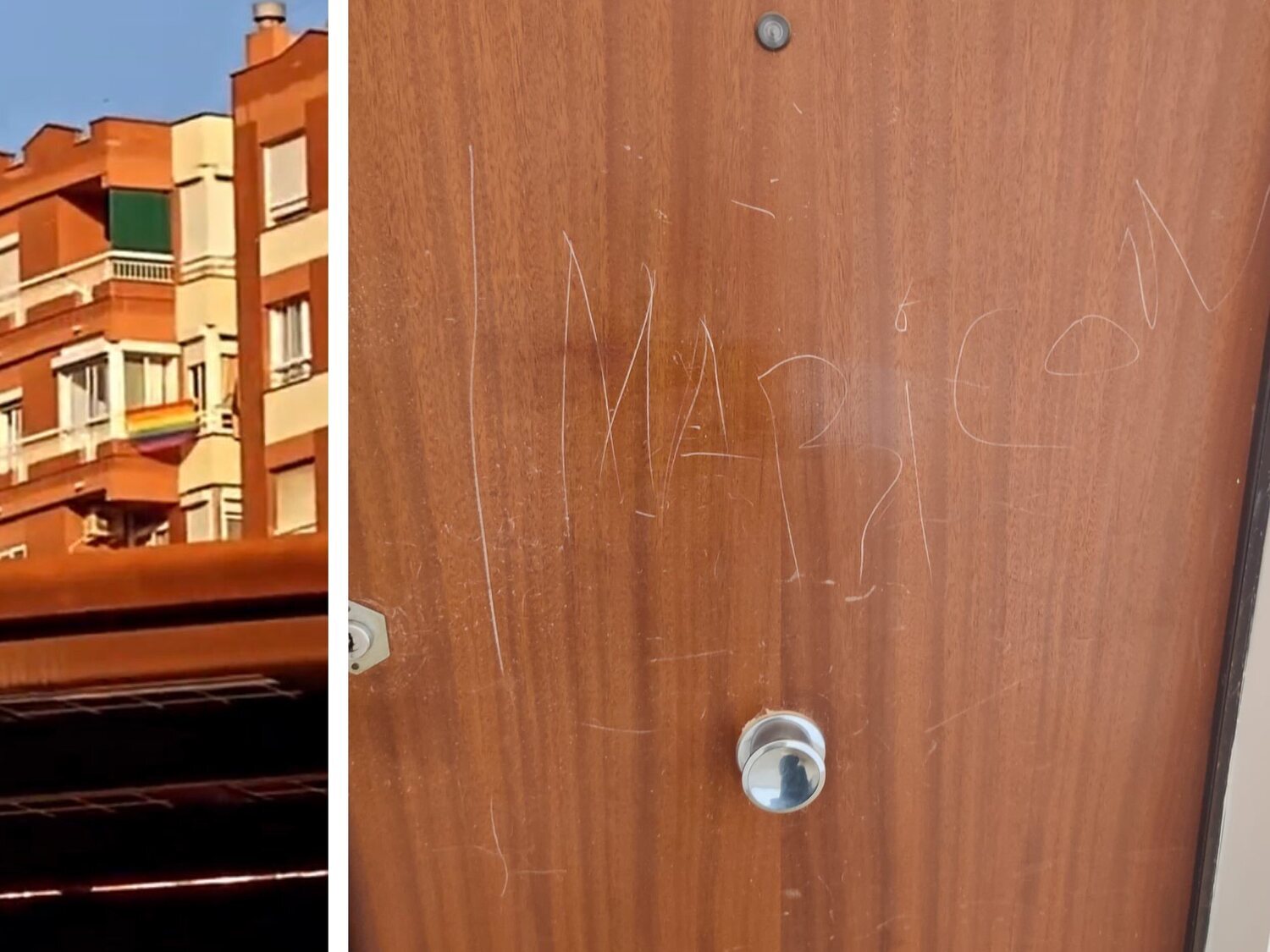 Cuelga la bandera LGTBI del balcón y los vecinos le rayan la puerta para escribirle "maricón"