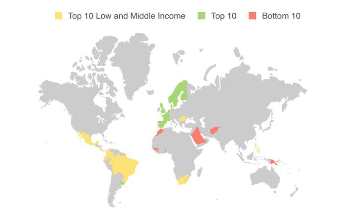 Mapa de la discriminación LGTBI y su incidencia en la economía. En rojo, los más afectados, en amarillo la escala media y en verde, los más tolerantes