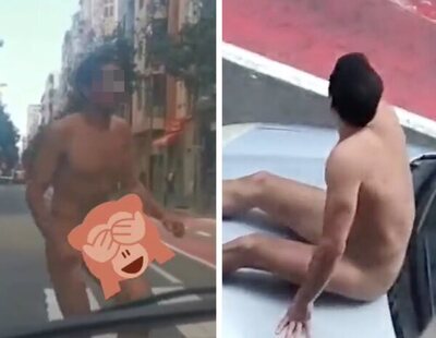 Graban a un hombre desnudo bailando por la calle y subiéndose a los coches en pleno centro de Las Palmas