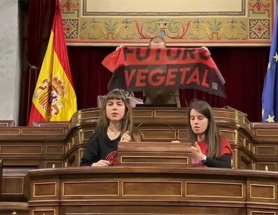 Activistas climáticos de Futuro Vegetal se pegan las manos al atril del Congreso