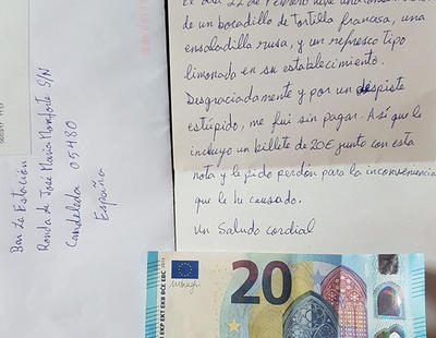 Olvida pagar en un bar y a los pocos días envía una carta de disculpa con 20 euros