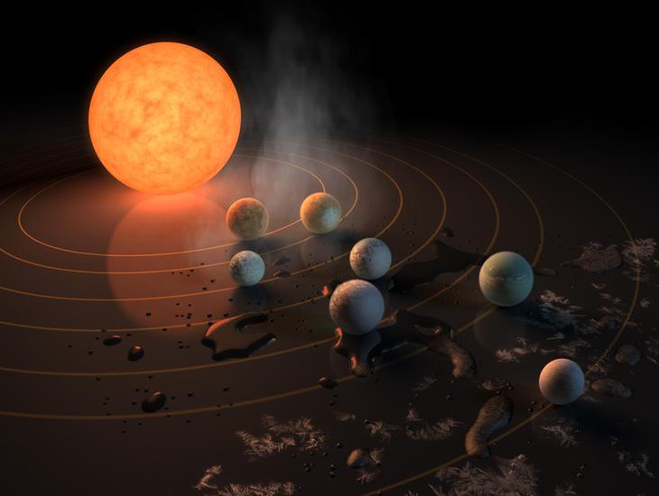 Recreación de la estrella Trappist-1 junto a los siete planetas recientemente descubiertos