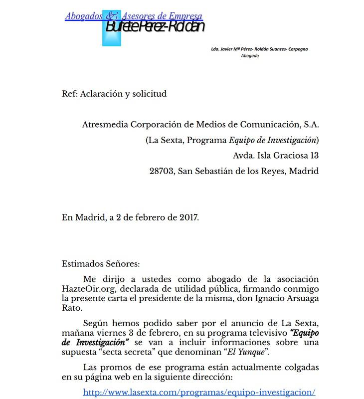 Carta de los abogados de Arsuaga para evitar la emisión de un reportaje que vincula a 'HazteOír' con el Yunque