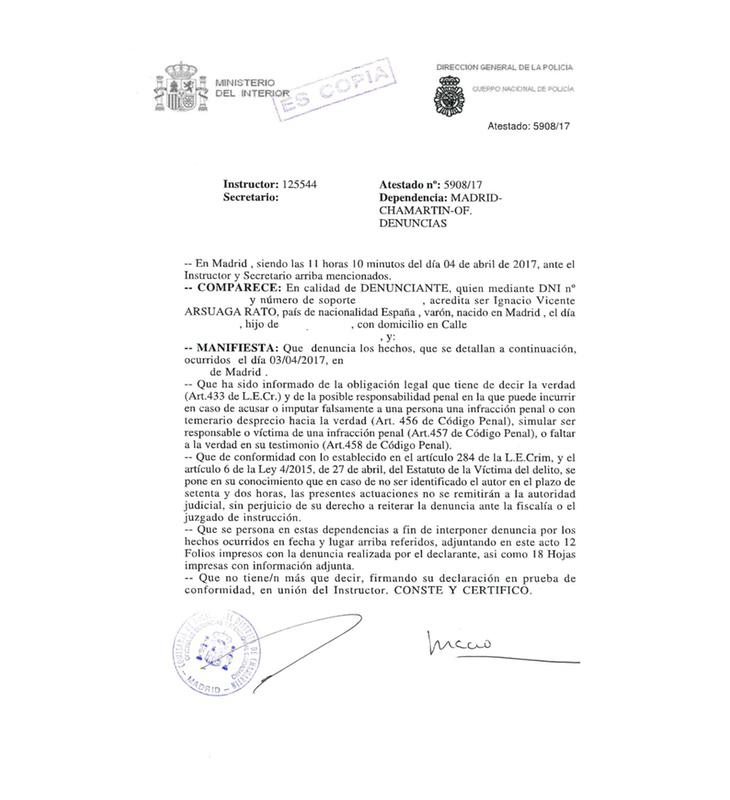 Escrito de denuncia supuestamente firmado por Ignacio Arsuaga