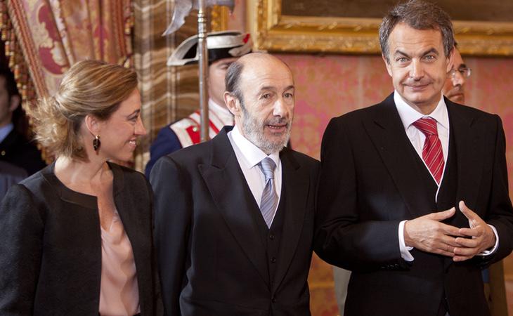 Carme Chacón junto a Rubalcaba y Zapatero