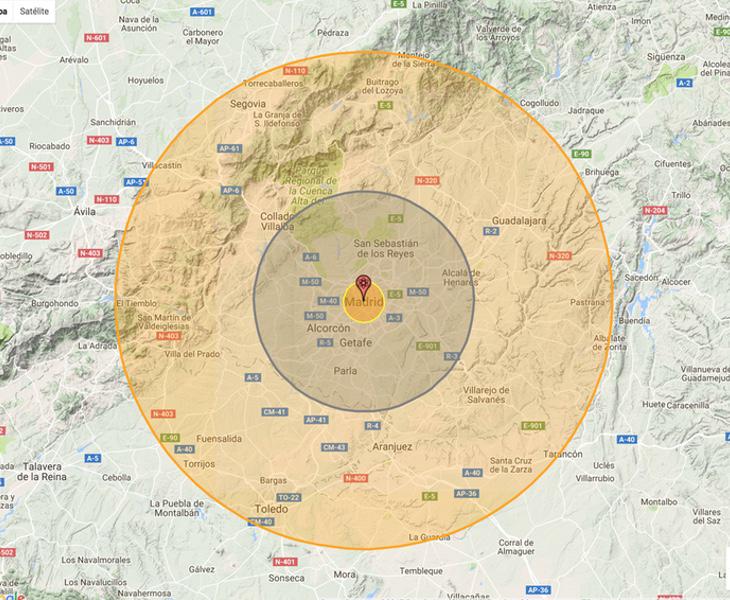 Alcance de una bomba nuclear en Madrid