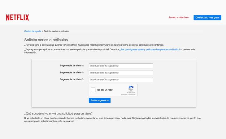 Solicitud para pedir un nuevo contenido a Netflix