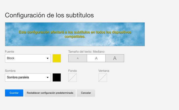 Menú de configuración de subtítulos