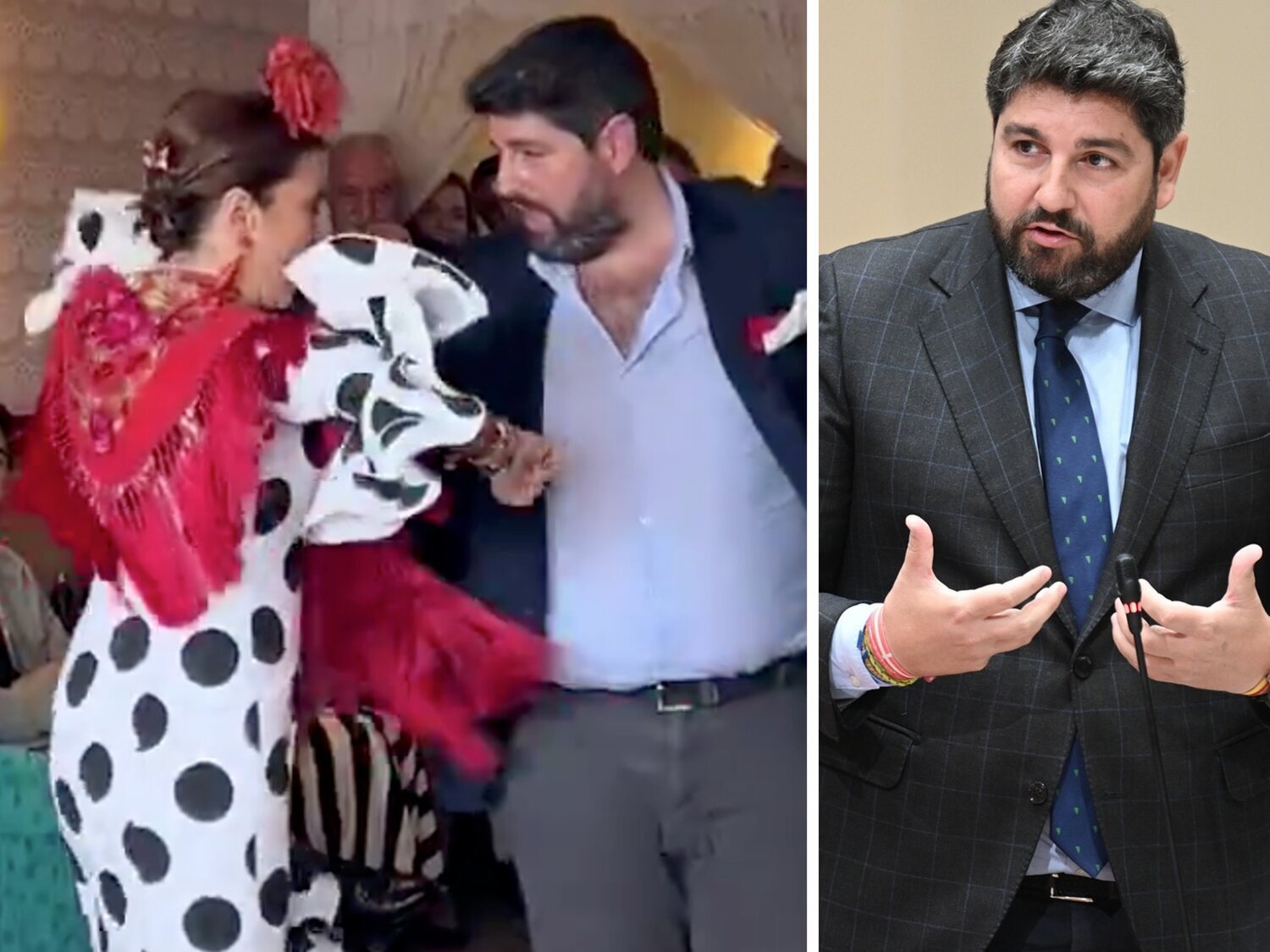 Pillan al presidente de Murcia bailando en la Feria de Abril en plena alerta meteorológica