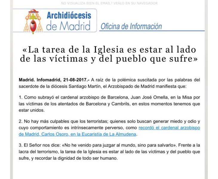 Comunicado del Arzobispado de Madrid