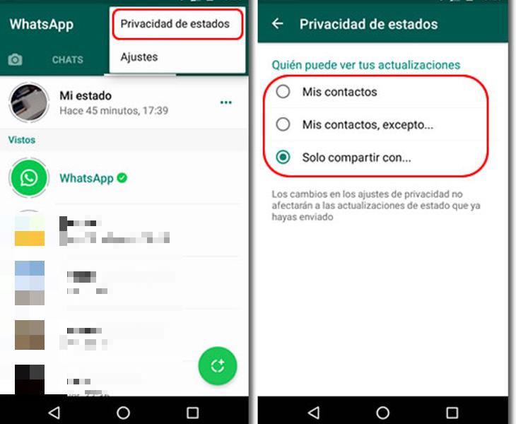 Así podemos configurar la privacidad de nuestros mensajes efímeros desde el menú de estados