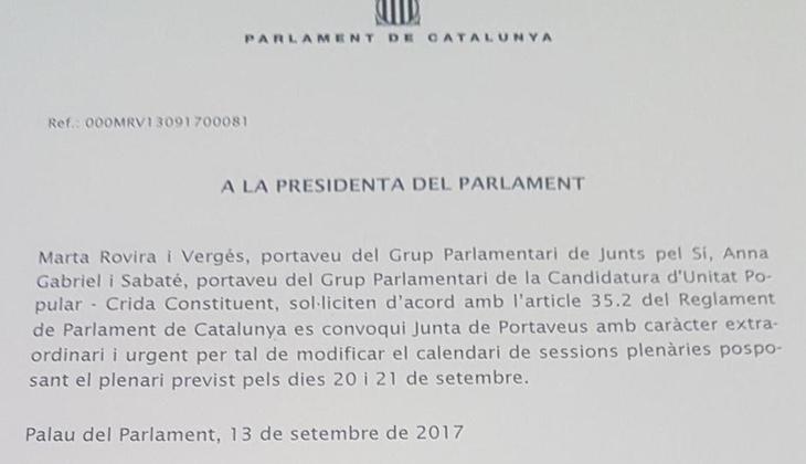 Texto en el que Junts pel Sí y la CUP han pedido la suspensión de la actividad parlamentaria