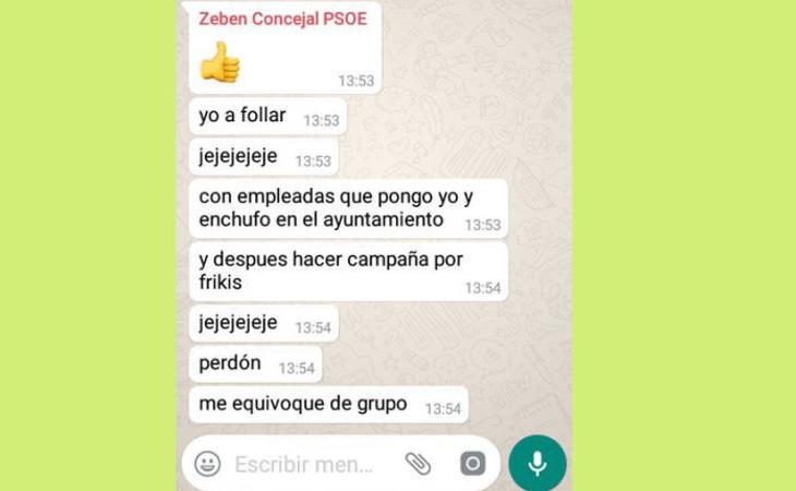 Algunos de los mensajes que escribió el concejal en el grupo de Whatsapp