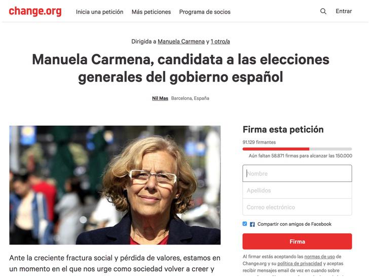 Captura de la petición para que Manuela Carmena se presente a las elecciones generales