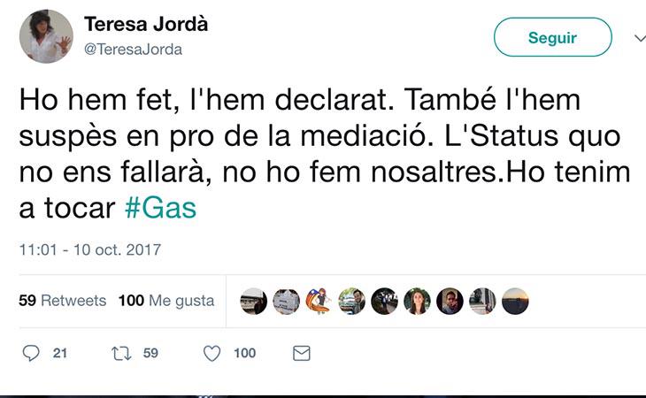 'Lo hemos hecho, hemos declarado la independencia. también la hemos suspendido', asegura la diputada de ERC Teresa Jordá