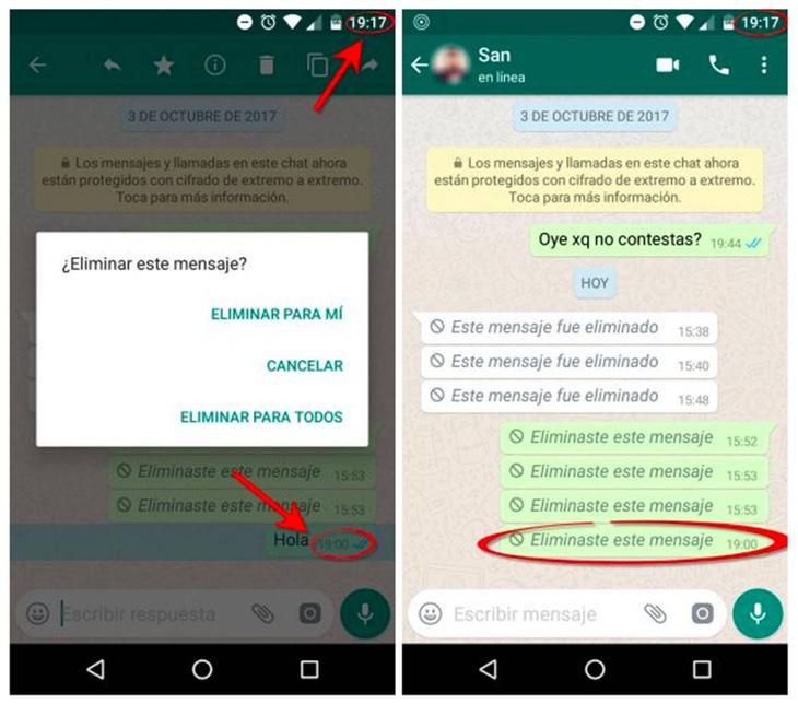 Ejemplo de cómo eliminar el mensaje en whatsapp