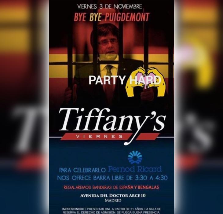 Imagen del flyer con el que se invitó a la fiesta para celebrar la prisión de Puigdemont