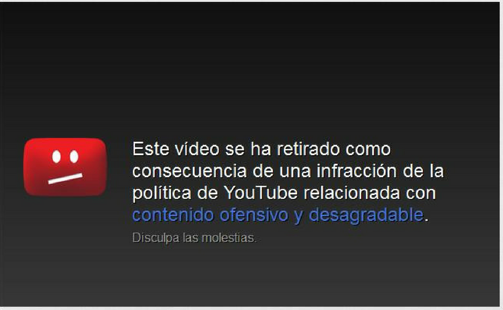 Notificación de un vídeo retirado de YouTube por inflingir normas