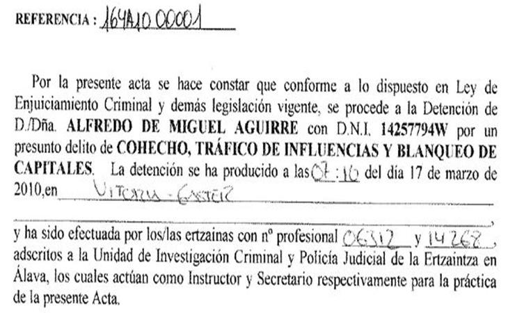 Acta de detención de Alfredo De Miguel