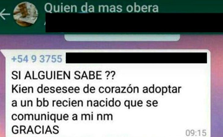 Mensaje que difundió la adolescente para buscar familia a su hijo