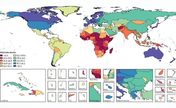 Mapa global con el nivel del sistema sanitario de cada continente