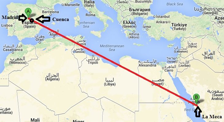 Línea recta entre Madrid y La Meca pasando por Cuenca