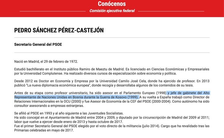 Web del PSOE con su currículum