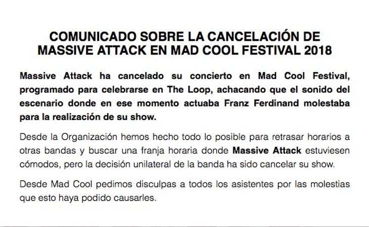 Comunicado publicado por el Mad Cool en su Twitter